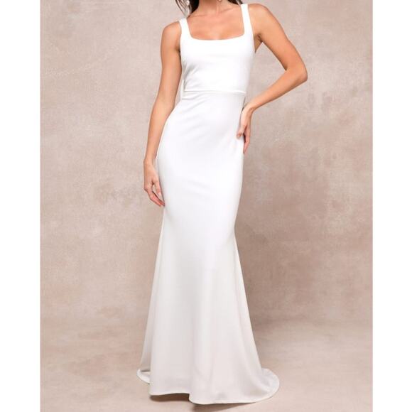Lulus Bridal NWT Loving Fate White Bow Square Neck Backless Maxi Gown Dress XL - Picture 2 of 11